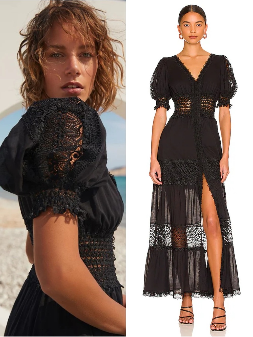 Charo Ruiz Nadine Black Lace Maxi Dress XS Boho Ibiza Tiered Cotton Dress